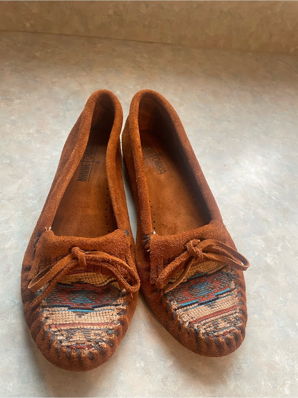 Minnetonka Chestnut Suede Moccasins with Southwestern Embroidered Toe